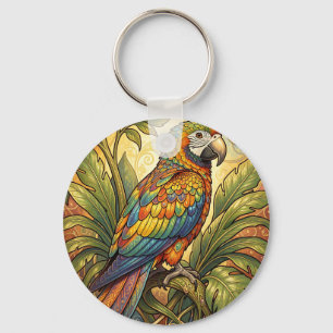 Vibrant Rainbow Parrot Art Nouveau Key Ring