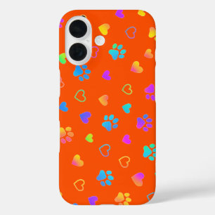 Vibrant Rainbow Paw & Heart Orange iPhone 16 Case