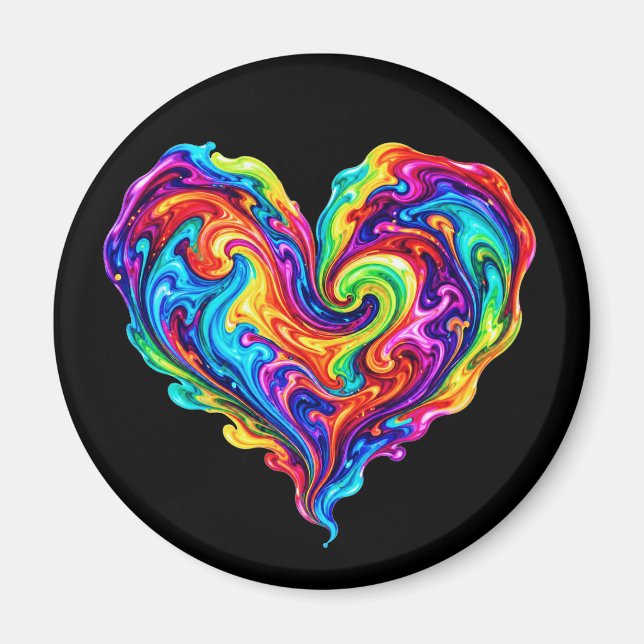 Vibrant Rainbow Poured Paint Heart Magnet (Front)