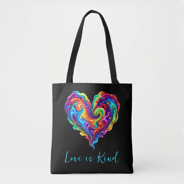 Vibrant Rainbow Poured Paint Heart  Tote Bag (Front)