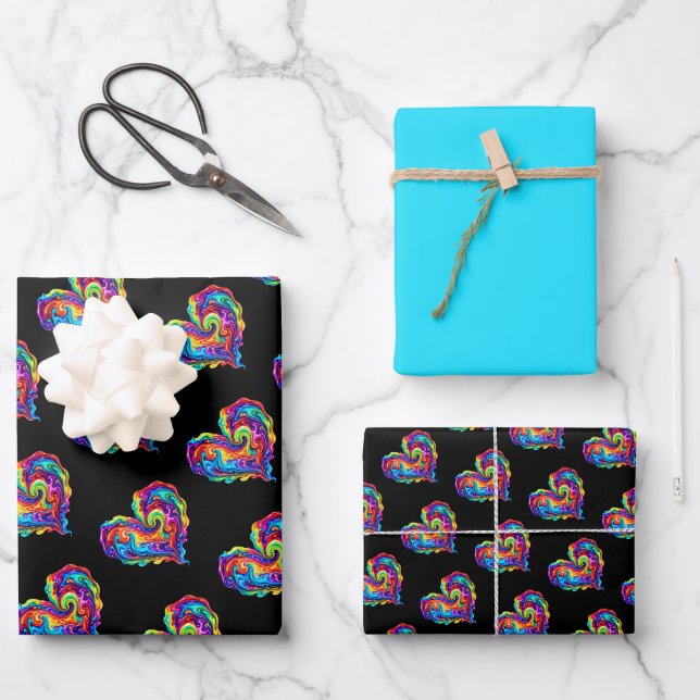 Vibrant Rainbow Poured Paint Heart Wrapping Paper Sheet (Front)
