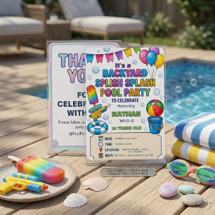 Vibrant Rainbow Splish Splash Backyard Pool Party Invitation