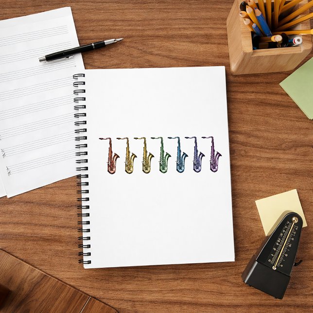 Vibrant Rainbow Tenor Saxophones Notebook (A notebook with rainbow tenor saxophones.)