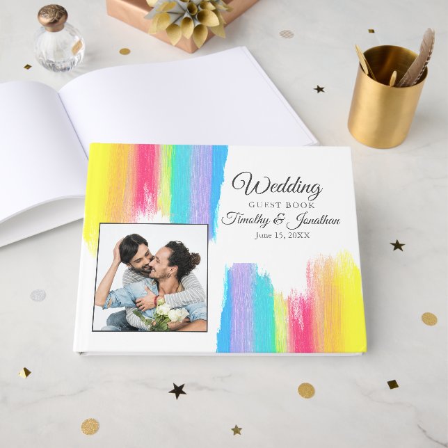 Vibrant Rainbow Watercolor Couple Photo Wedding Guest Book (Front Open)