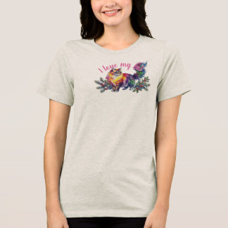 Vibrant Rainbow Watercolor Winter Cat & Holly Berr Tri-Blend Shirt