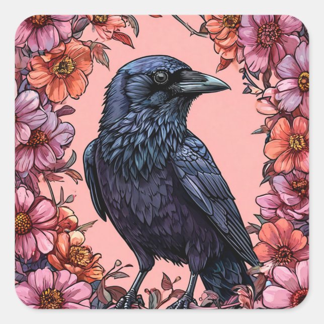 🖤 Vibrant Raven Floral Dark Bird  🖤 Square Sticker (Front)