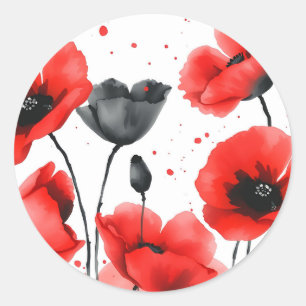 Vibrant Red and Black Poppies in Watercolor Classic Round Sticker