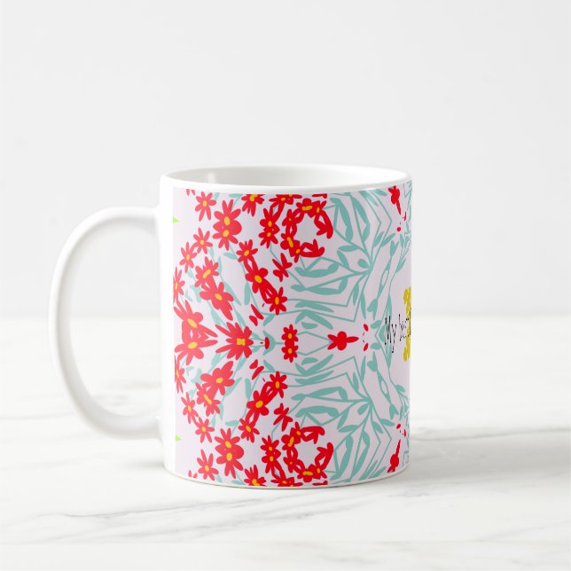 Vibrant Red and Blue Floral Geometric Design Coffee Mug (Left)