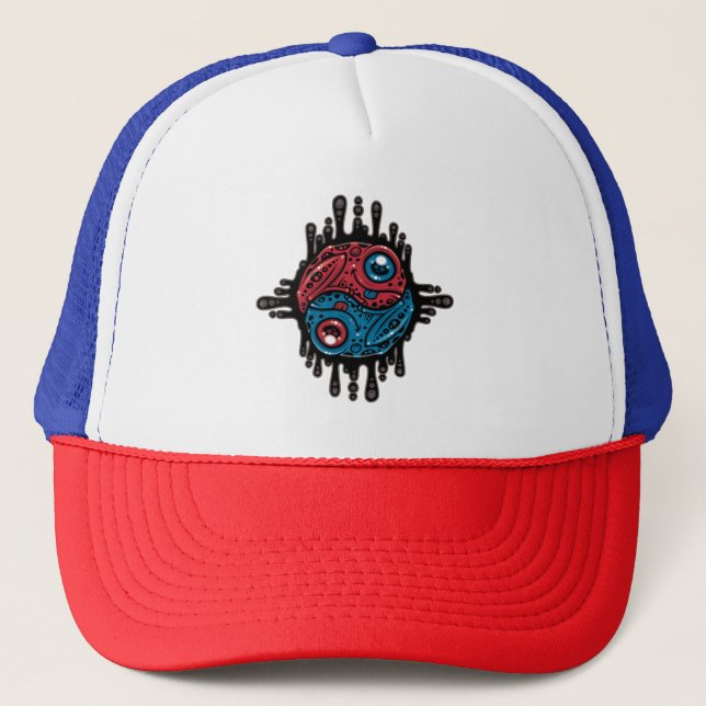 Vibrant Red and Blue Poison Dart Frog Yin Yang Trucker Hat (Front)