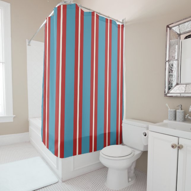 Vibrant Red and Blue Striped Pattern Modern Design Shower Curtain (In Situ)