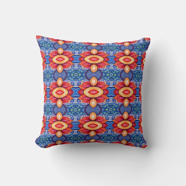 Vibrant Red and Blue Symmetrical Festival Pattern Cushion (Front)