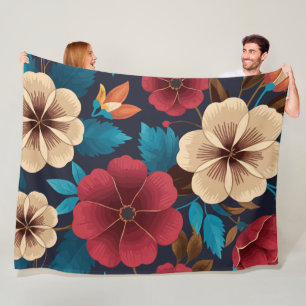 Vibrant Red and Cream Floral on Dark Background Fleece Blanket