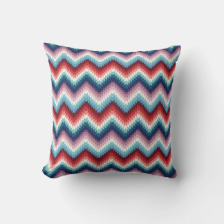 Vibrant Red and Navy Knitted Flame Stitch Pattern Cushion