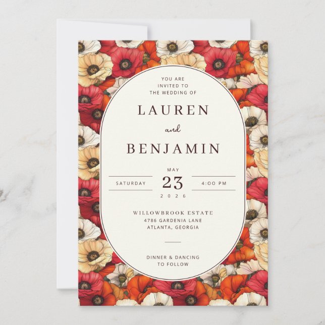 Vibrant Red and Orange Floral Pattern Invitation (Front)