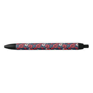 Vibrant Red and White Poppy Flowers Black Ink Pen