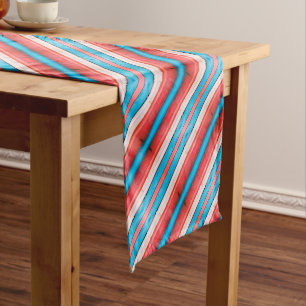 Vibrant red, blue, pink diagonal stripes pattern short table runner