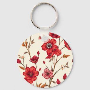 Vibrant Red Botanical Illustration Key Ring