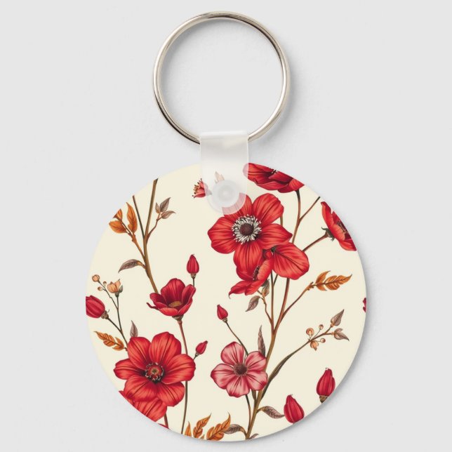 Vibrant Red Botanical Illustration Key Ring (Front)