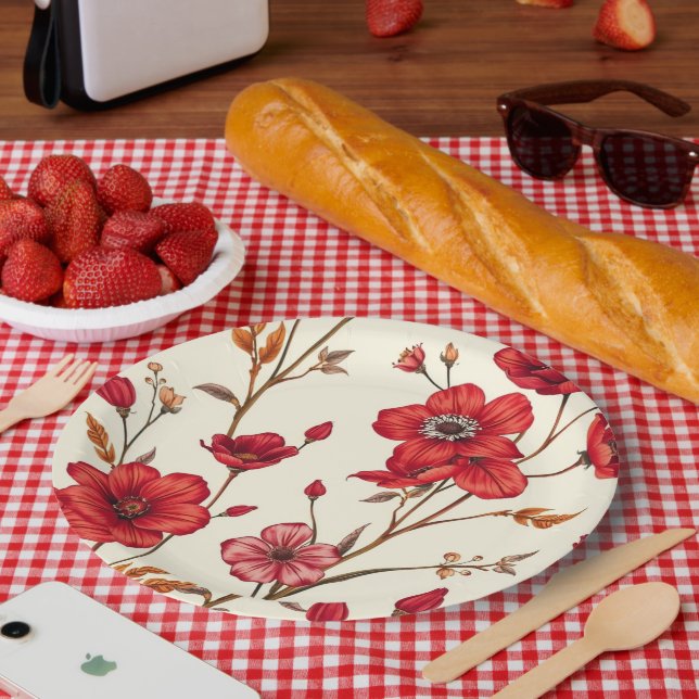 Vibrant Red Botanical Illustration Paper Plate (Picnic)