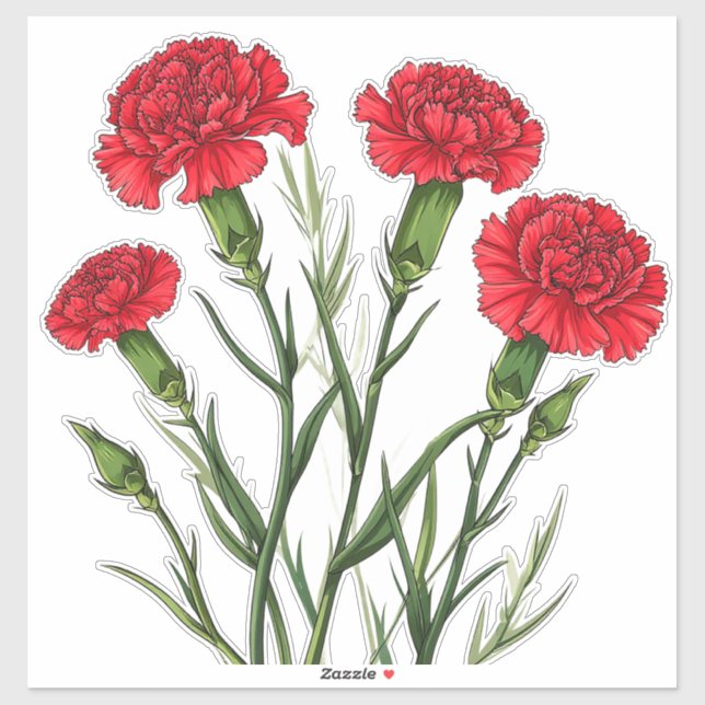 Vibrant Red Carnations With Green Stems (Sheet)