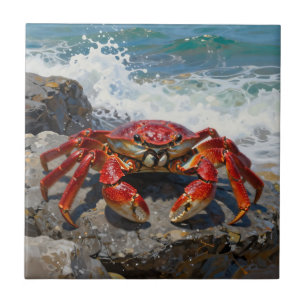 Vibrant Red Crab Ocean Waves Ceramic Tile