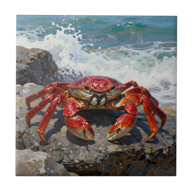 Vibrant Red Crab Ocean Waves Ceramic Tile (Front)