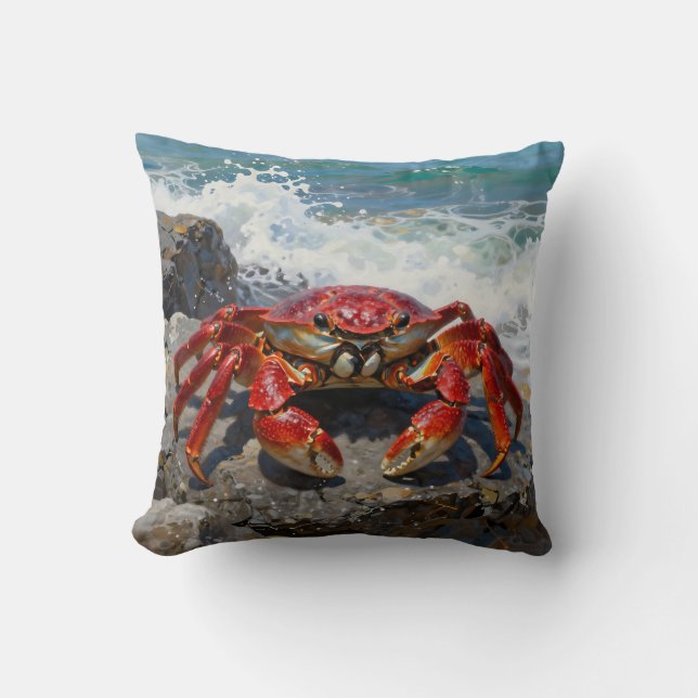 Vibrant Red Crab Ocean Waves Cushion (Front)
