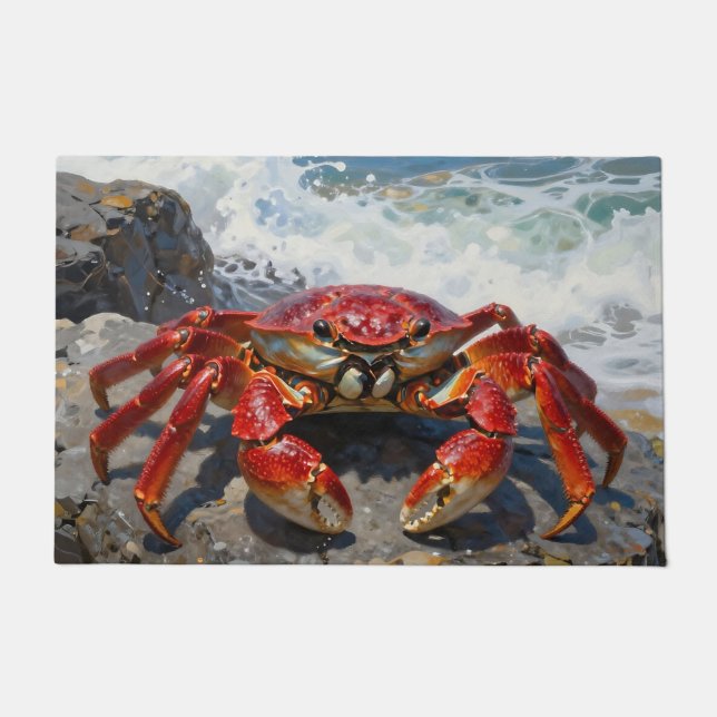 Vibrant Red Crab Ocean Waves Doormat (Front)