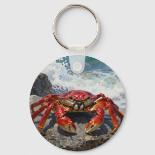 Vibrant Red Crab Ocean Waves Key Ring