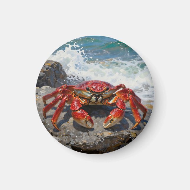 Vibrant Red Crab Ocean Waves Magnet (Front)