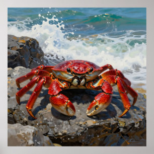 Vibrant Red Crab Ocean Waves Poster