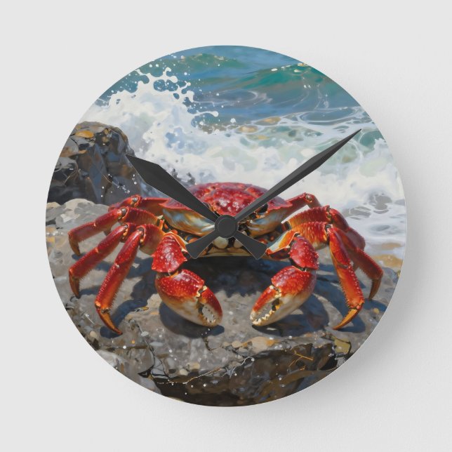 Vibrant Red Crab Ocean Waves Round Clock (Front)