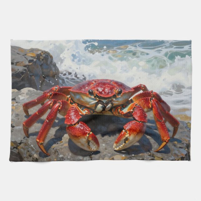 Vibrant Red Crab Ocean Waves Tea Towel (Horizontal)