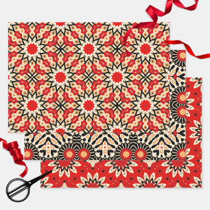 Vibrant Red Ethnic Arabesque Mosaic Geometric Wrapping Paper Sheet