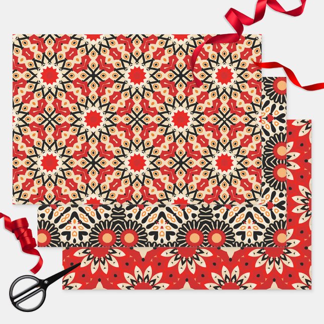 Vibrant Red Ethnic Arabesque Mosaic Geometric Wrapping Paper Sheet (Creator Uploaded)