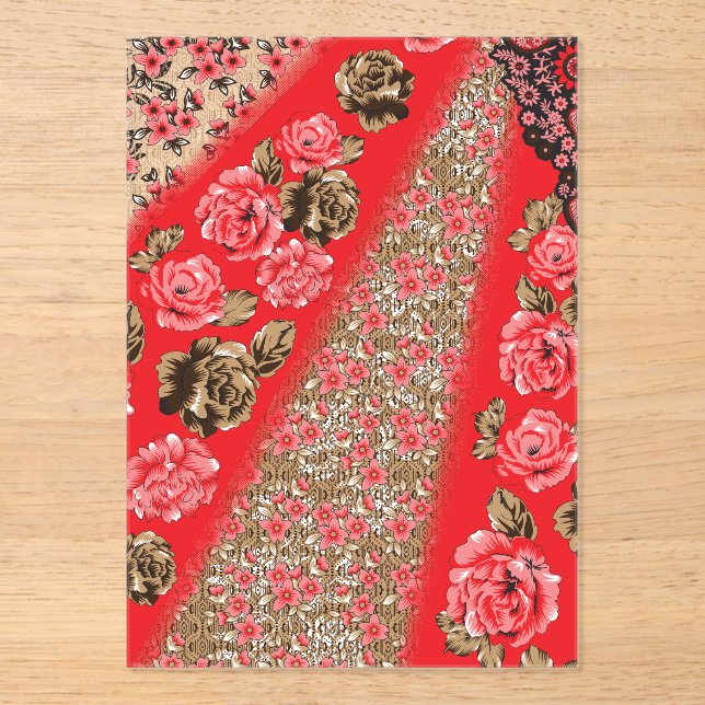 Vibrant red fabric featuring intricate floral and  acrylic invitations (Front)