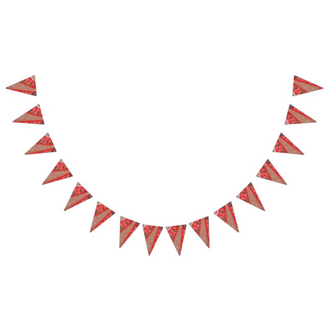 Vibrant red fabric featuring intricate floral and  bunting  (All)