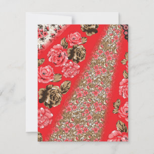 Vibrant red fabric featuring intricate floral and card
