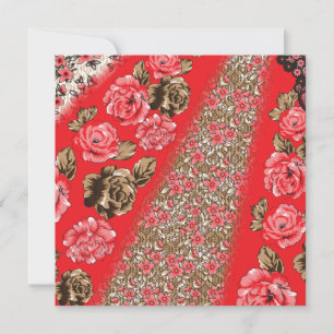 Vibrant red fabric featuring intricate floral and  card