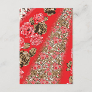 Vibrant red fabric featuring intricate floral and  enclosure card