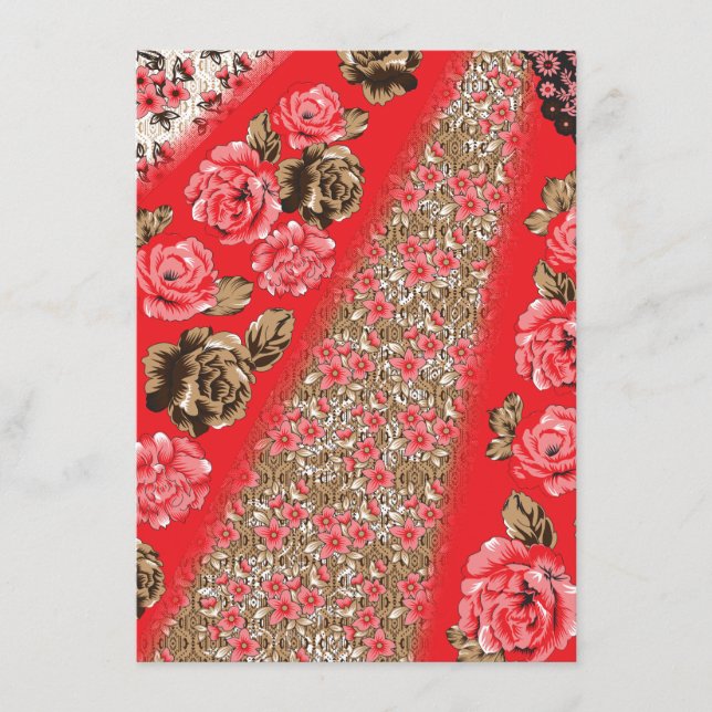 Vibrant red fabric featuring intricate floral and  enclosure card (Front)