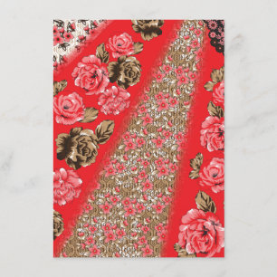 Vibrant red fabric featuring intricate floral and  enclosure card