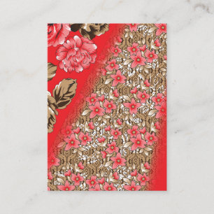 Vibrant red fabric featuring intricate floral and enclosure card