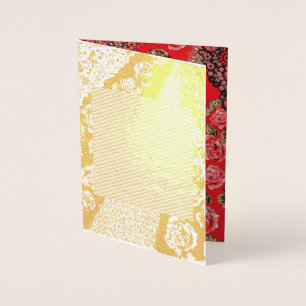Vibrant red fabric featuring intricate floral and  foil card