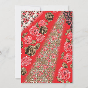 Vibrant red fabric featuring intricate floral and  holiday card