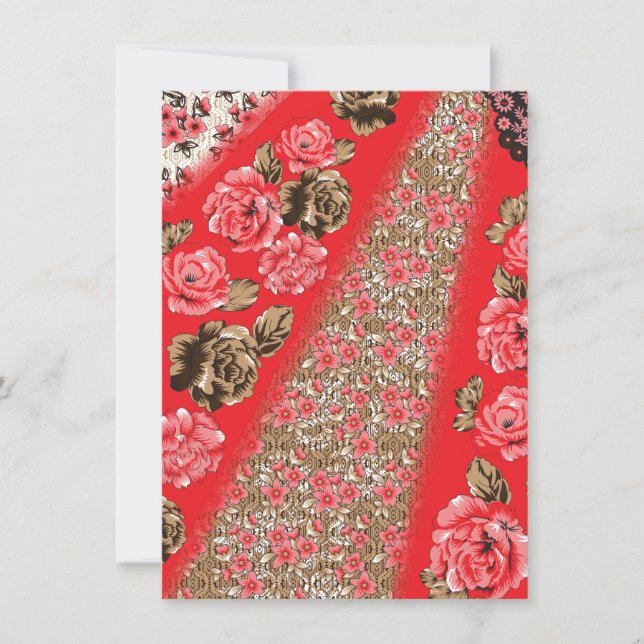 Vibrant red fabric featuring intricate floral and  holiday card (Front)