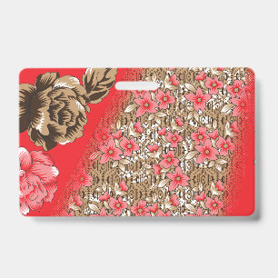 Vibrant red fabric featuring intricate floral and ID badge