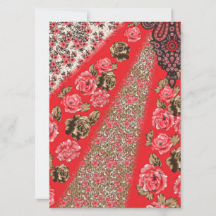Vibrant red fabric featuring intricate floral and invitation