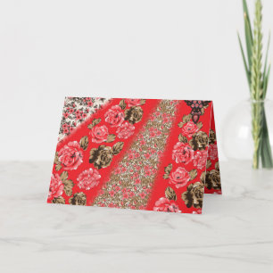 Vibrant red fabric featuring intricate floral and invitation