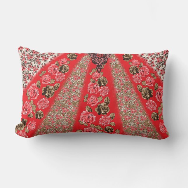 Vibrant red fabric featuring intricate floral and  lumbar cushion (Front)